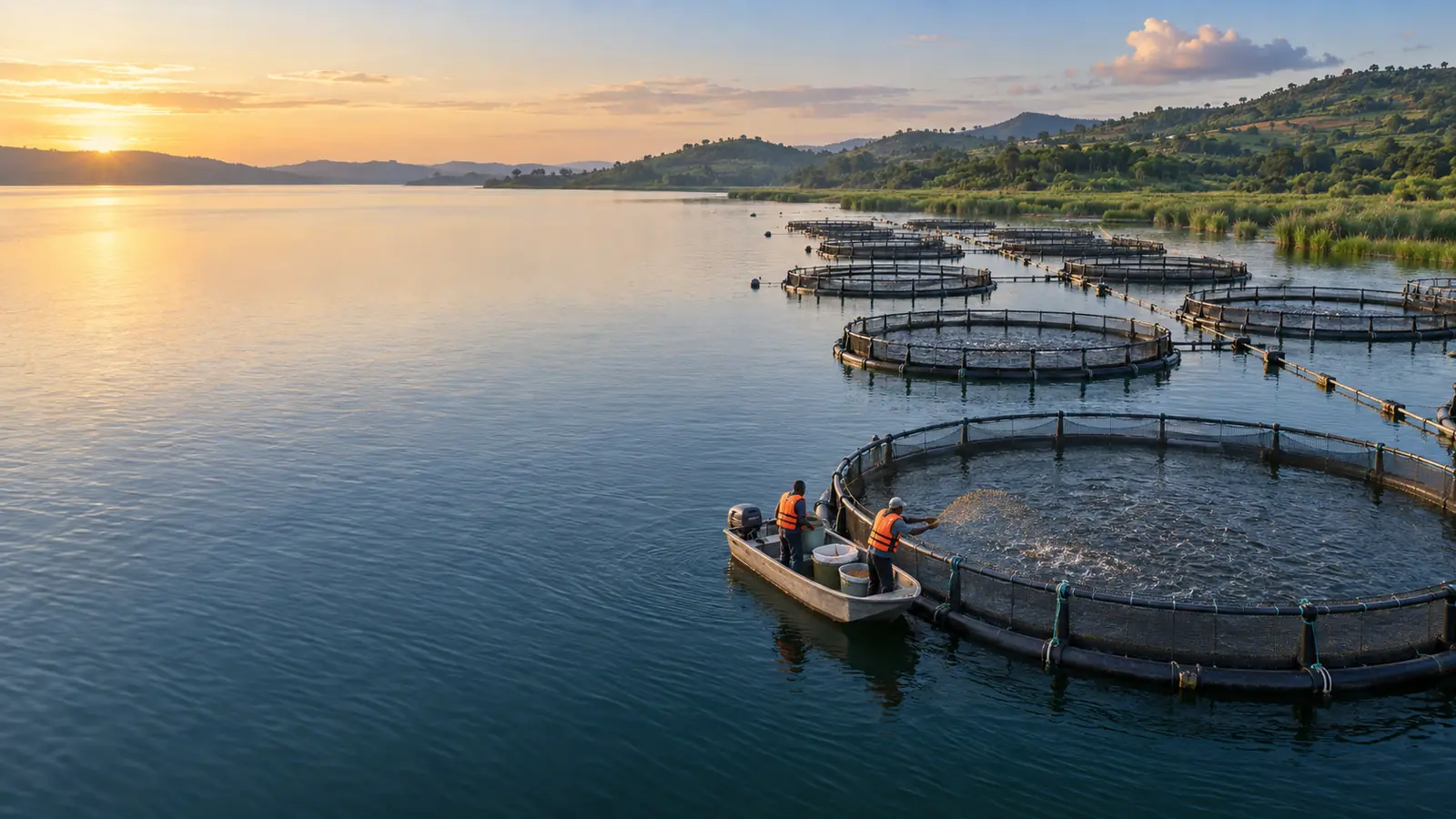 Illustration générée par IA : cages à poissons circulaires sur un lac au lever du soleil, deux ouvriers nourrissent les poissons depuis une petite barque.